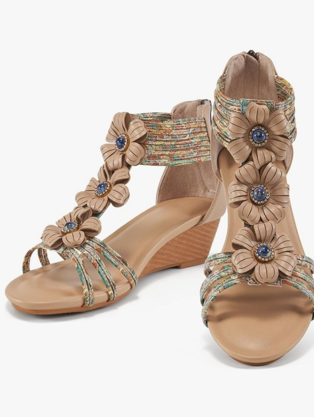 Apricot Wedge Sandals with Floral Applique